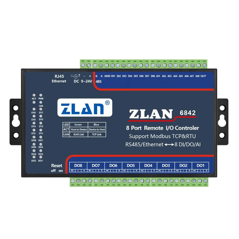 Módulo de E/S de 8 canales DI DO AI Modbus TCP, Control remoto Ethernet RJ45, colector a/d ZLAN6842