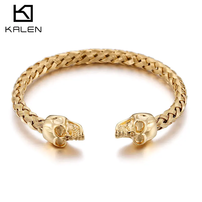 Kalen Double Skull Skull Gold Color Hip Hop Style Stainless Steel Open Bracelet Men's Fashion Jewelry