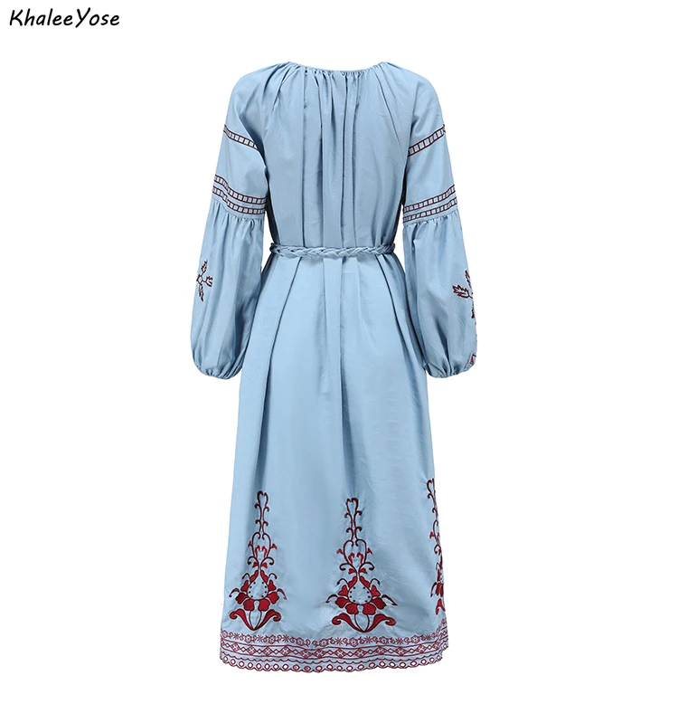 KHALEE YOSE Vintage Embroidery Midi Dress Spring Autumn Boho Women Dresses Tassels Beltted Ladies Holiday Female Chic Dress New