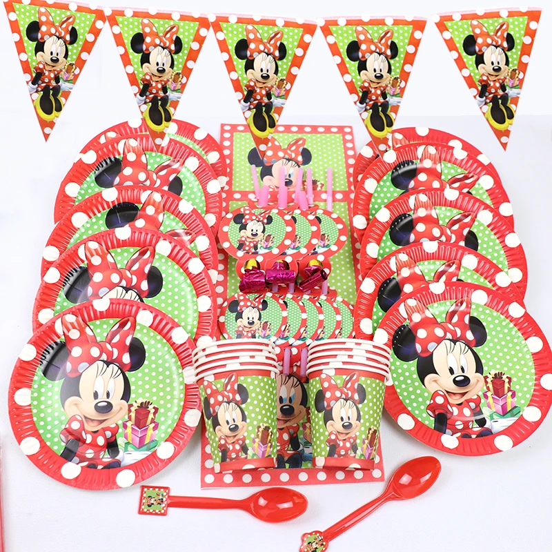 Disney Minnie Party Disposable Tableware Red Minnie Mouse Party Plates Cups Napkin Kids Girl Birthday Party Decorations Supplies