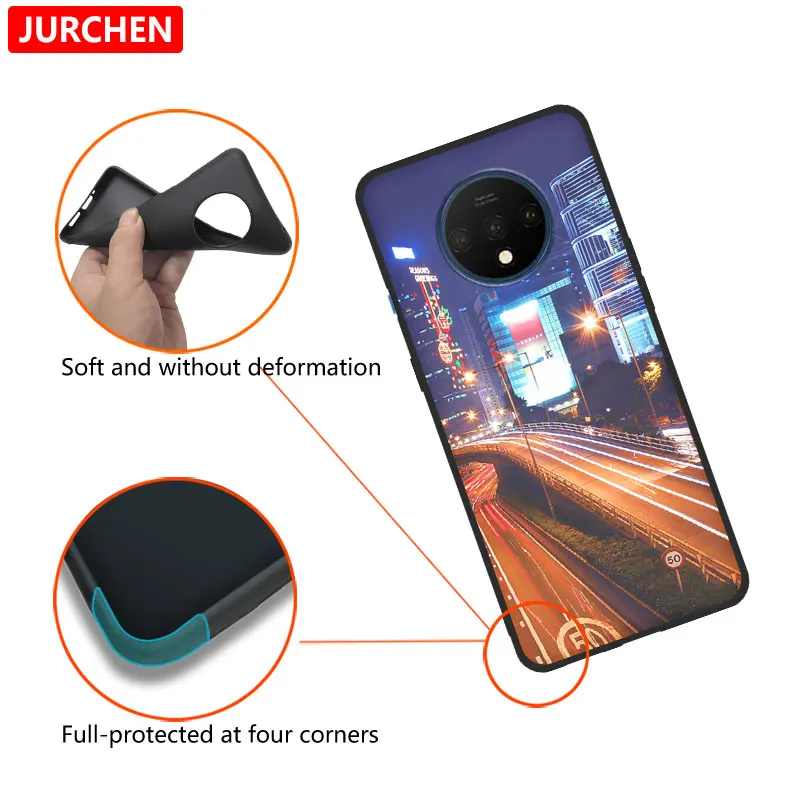 JURCHEN Cases For One plus 7T Cover For Oneplus 7 T Case Matte Cartoon Black Print Silicone Back Bags For Coque Oneplus 7T Case