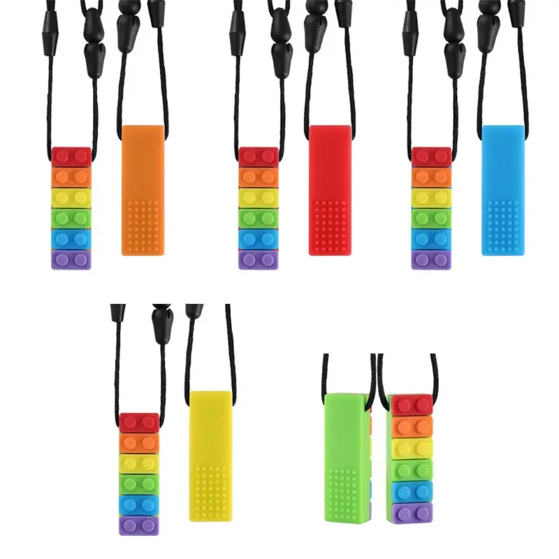 1PC Rainbow Brick Chew Necklace Baby Silicone Teether Autism Sensory Chewy Toys