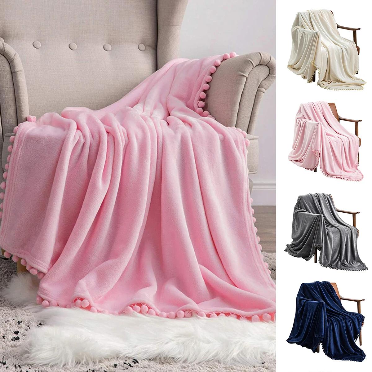 

Soft Velvet Blanket Solid Throw Blankets Pompom Tassel Blanket Coral Fleece Bedspread Warm Plush Sofa Cover Travel Nap Blankets