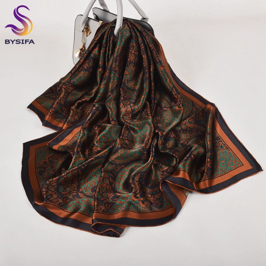 BYSIFA |   Sciarpa scialle di seta pura verde caffè di marca Autunno Inverno Moda Plaisley Design Sciarpe di seta naturale Avvolge Sciarpa al collo da donna