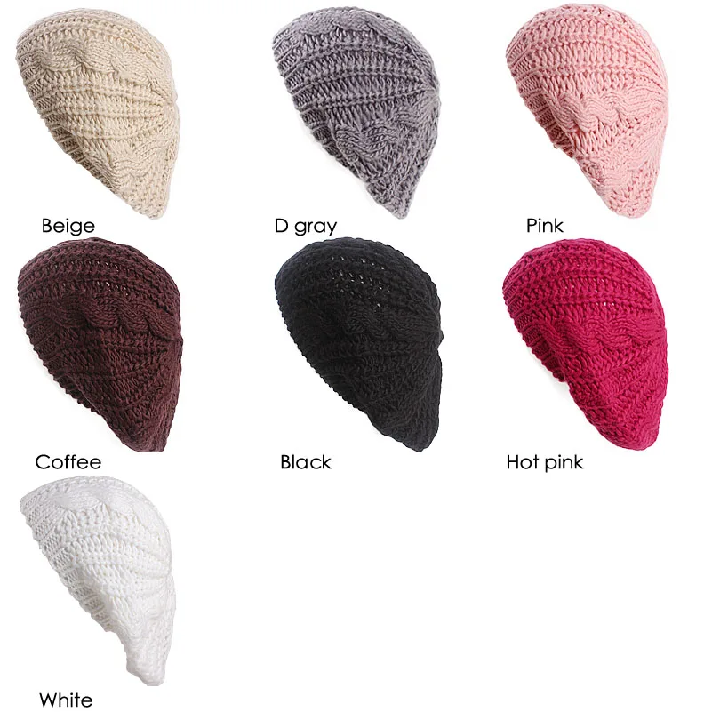 New Warm Winter Women Cable Knit Beret Cap French Artist Beret Hats Braided Baggy Wool Beanie Hat Solid Color Slouch Baggy Hat