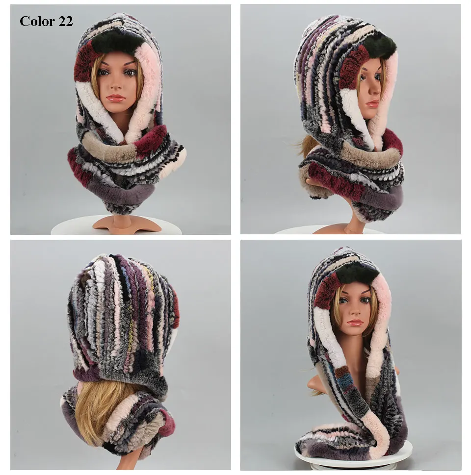 Frauen Gestrickte Echte Rex Kaninchen Pelz Hut Mit Kapuze Schal Winter Hüte für Frau Herbst Kappe Warme Natürliche Pelzmütze mit Hals Schals Bonnets – Detail 27
