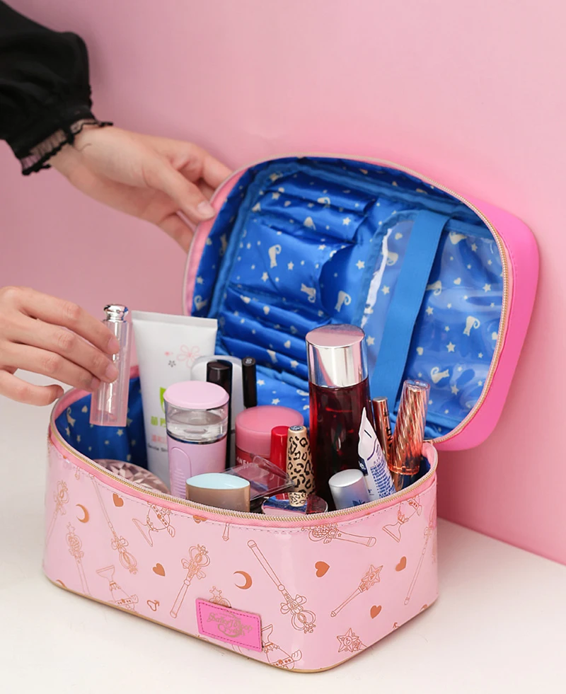 Moon Action Figure-Bolsa de maquillaje de cuero PU para mujer, neceser multifunción, organizador de cosméticos de viaje, bolsa de almacenamiento