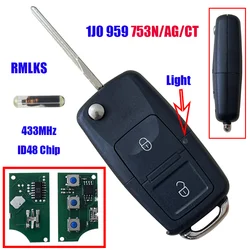 Telecomando portachiavi 2 pulsanti 433MHZ ID48 1 j0 959 753N/753AG/753CT 7 m3959753 per Volkswagen VW Passat Golf MK4 Bora Polo