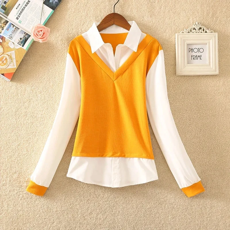 Spring Autumn New Loose All-Match Knitting Splicing Puff Sleeve Women's Shirts Temperament Fake Two Pieces Ladies' Tops