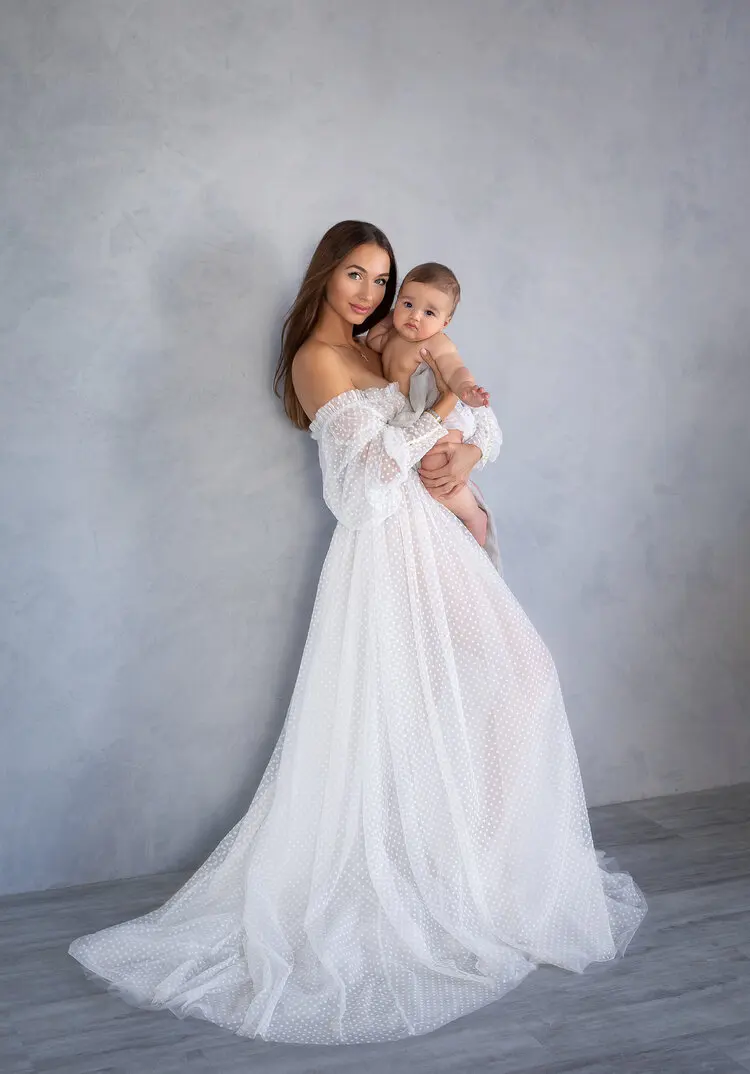 Vestido de maternidad blanco sin hombros para sesión de fotos, camisón de manga larga para fotografía, vestidos de tul para mujeres embarazadas