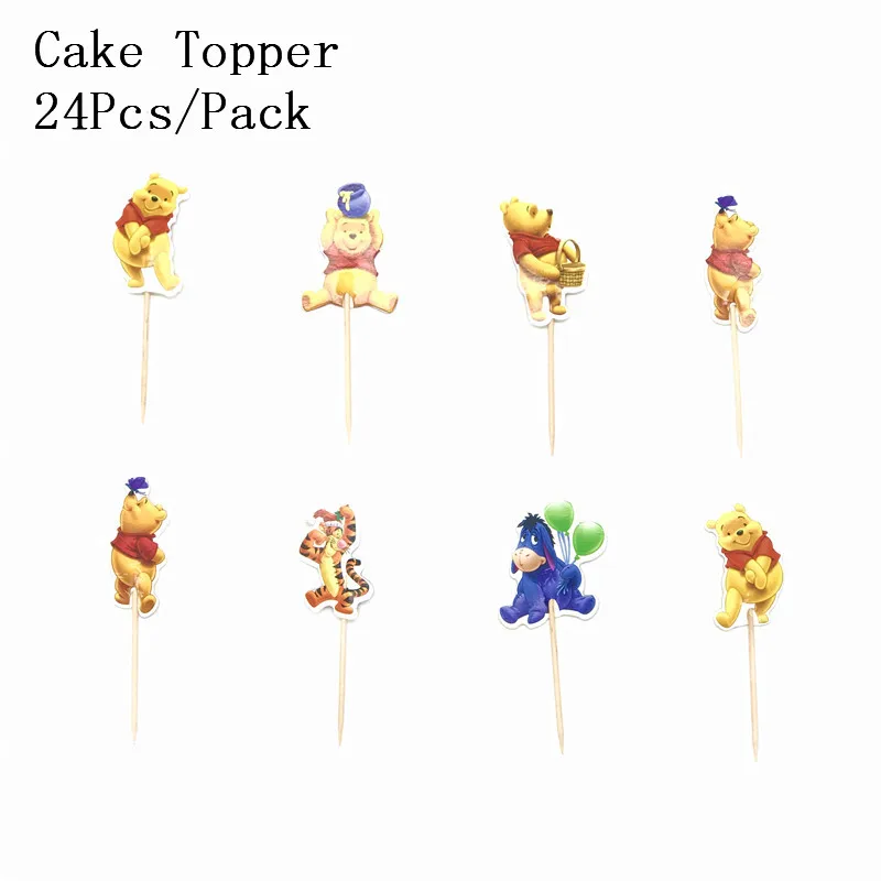 24pcs/pack Winnie the Pooh Theme Happy Birthday Party Cake Topper Kids Favors Decorate Cupcake Toppers Baby Shower Supplies