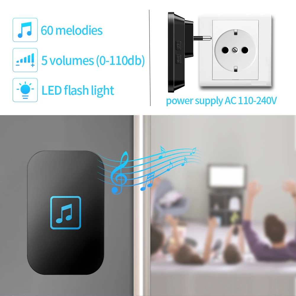 WEMEDA Wireless Doorbell Waterproof Touch Button LED Light Home Smart Cordless Door Ring Bell US EU UK Plug 300M Range 60 Chimes