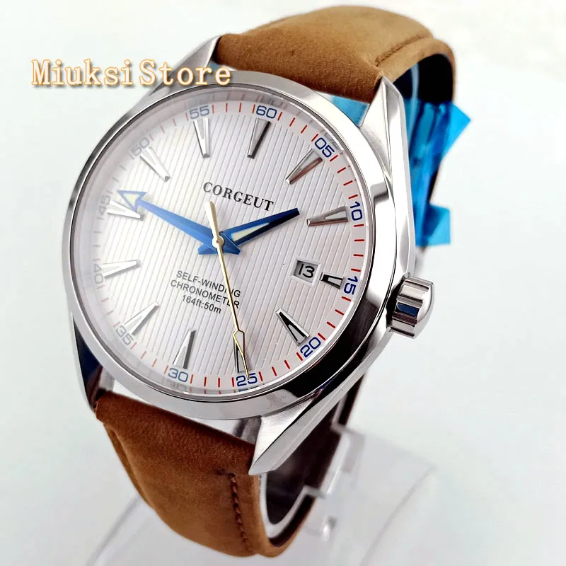 Corgeut 41mm men top mechanical watch sapphire crystal leather strap Seagull automatic movement mens waterproof business watches