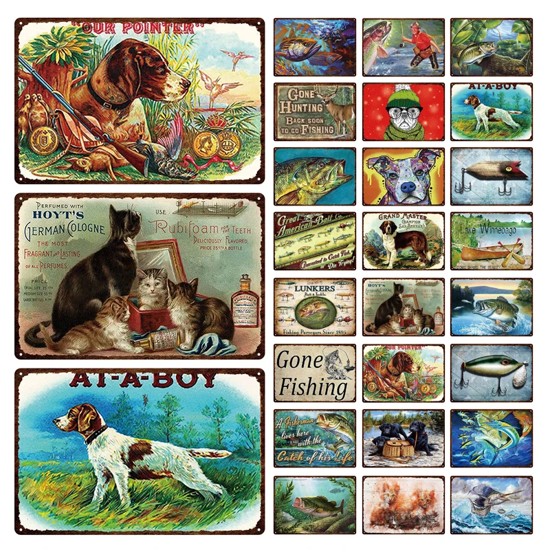 Fish And Dog Metal Tin Sign Shabby Chic Field Fishing Natural Landscape Iron Poster Retro Anti-fading Decorative Plaque Painting