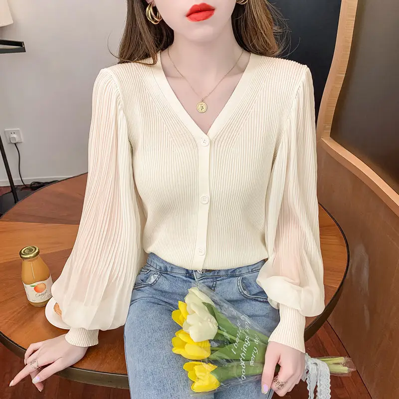 Short Women Blouse Patchwork Knitted Chiffon Shirt Office Lady Commute Button V-Neck Lantern Long Sleeve Vintage Elegant Blouse