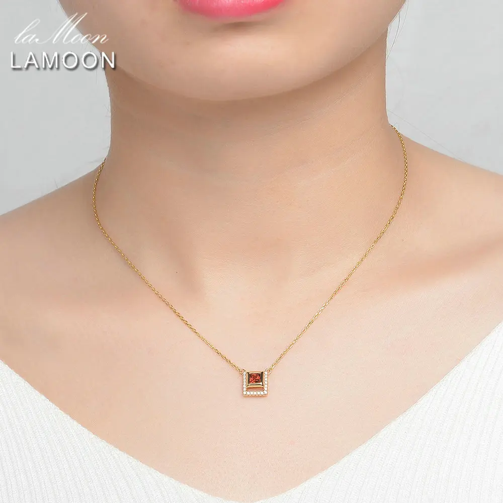 LAMOONสแควร์4Mm 0.25ct 100% สีแดงธรรมชาติGarnet 925เงินสเตอร์ลิงสร้อยคอจี้สร้อยคอS925 LMNI020