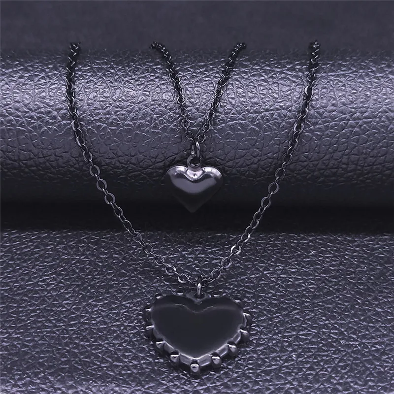 2 PCS Gothic Double Layer Heart Stainless Steel Pendant Necklace Women Black Color Statement Necklace Jewelry collier NK47S03