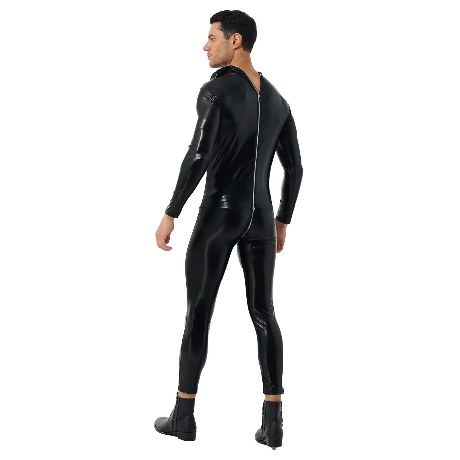 Men Latex Catsuit Wet Look Shiny Patent Leather Hooded Bodysuit Zipper Skinny Jumpsuits Nightclub Halloween Role Play Costumes