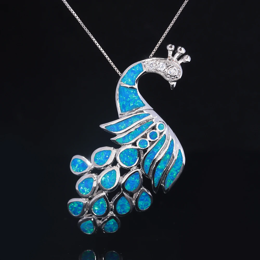 CiNily Created Blue Fire Opal Cubic Zirconia Silver Plated Wholesale Peacock for Women Jewelry  Pendant 2 1/8\