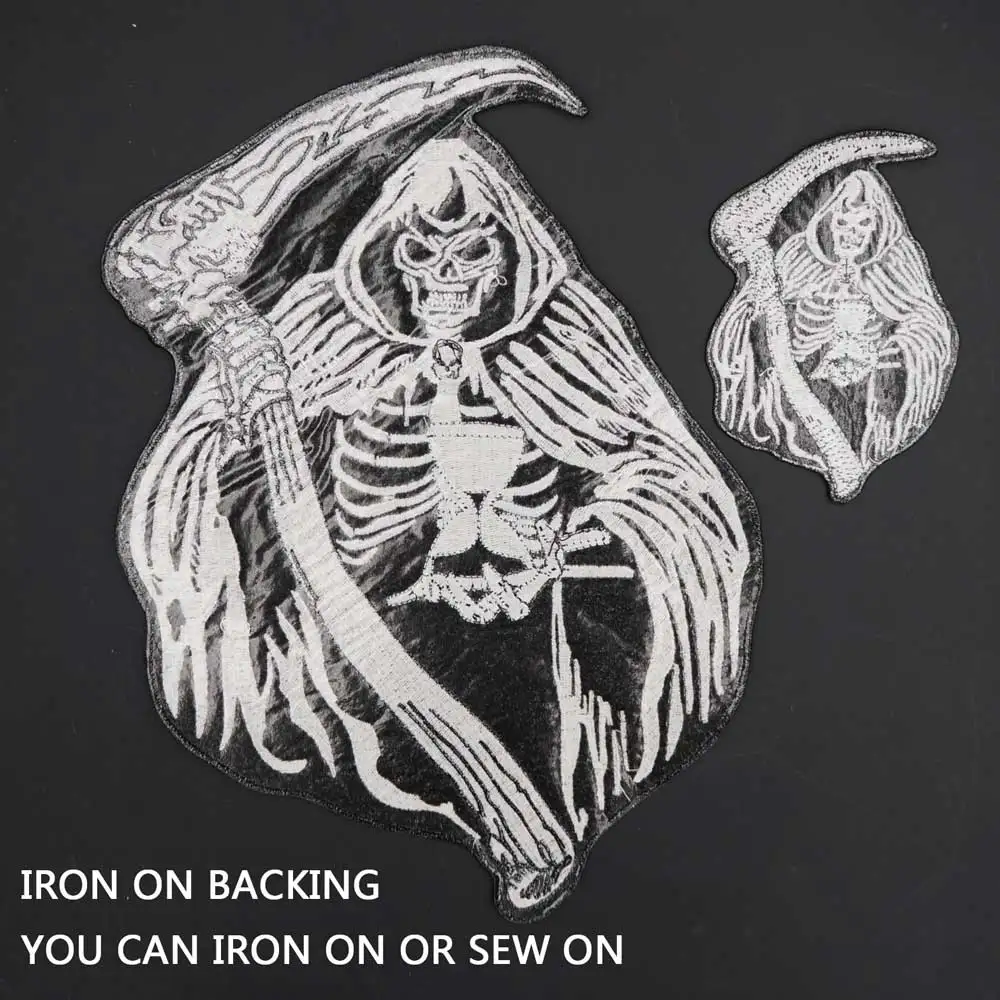 Large Sickle Grim Reaper Embroidery Punk Skull Patches Clothes Stickers Apparel Accessories Badge