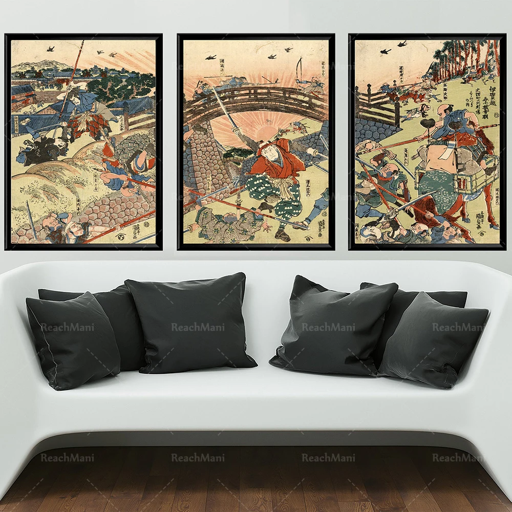 

Samurai Fighting Japanese Triptych Battle Scene Vintage Japanese Poster Collection Vintage Japanese Warrior Printmaking Japanese