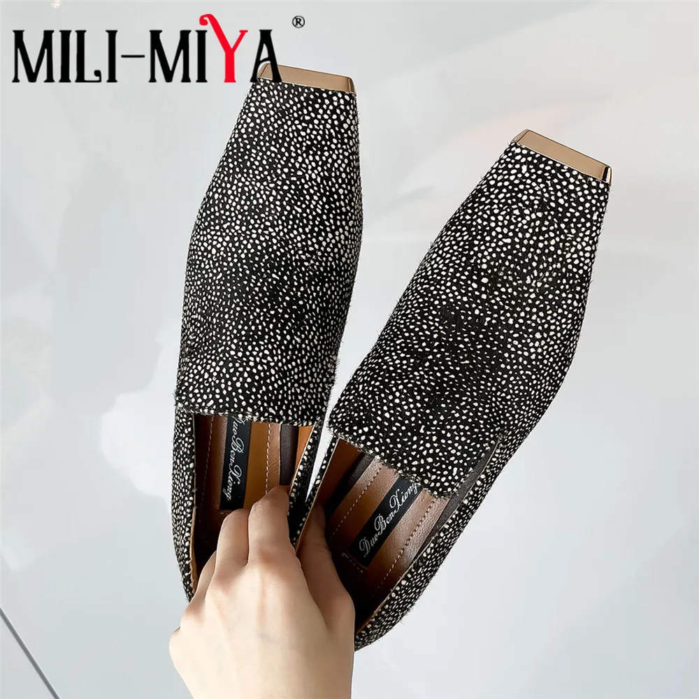 

MILI-MIYA Fashion Metal Cover Square Toe Women Horse Hair Flats Slip On Low Thick Heels New Arrival Street Shoes Plus Size 34-43