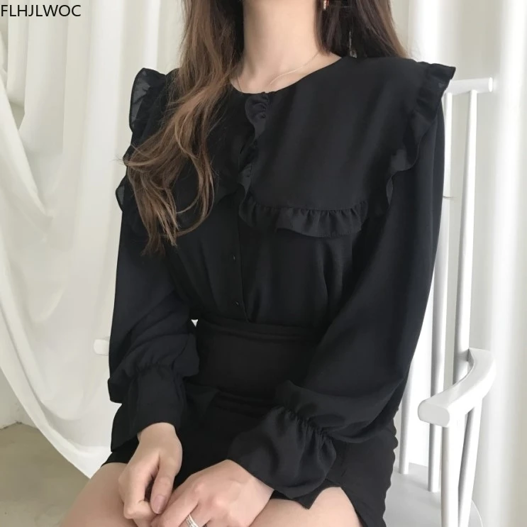 Chic Korea Fashion Women Flare Sleeve Cute Sweet Peter Pan Collar Tops Solid Single Breasted Button Shirts