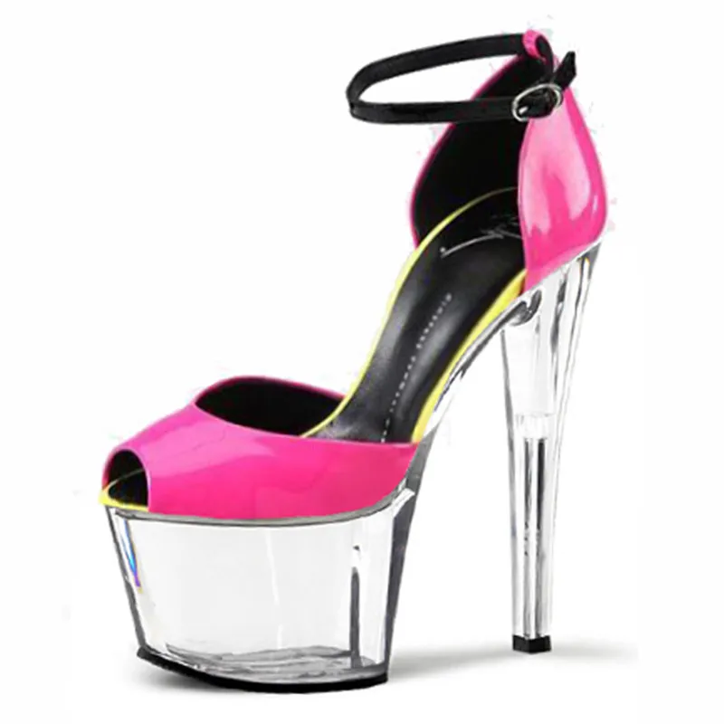 High heels for women party 17 cm clear sole, faux leather bag with sandals, multi-colored sandals