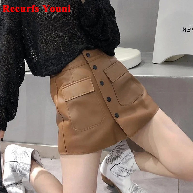 Leather Skirt Shorts For Women 2024 Korean Harajuku High Waist Pocket Single Breasted  A-line Pants Lady White Casual Skorts