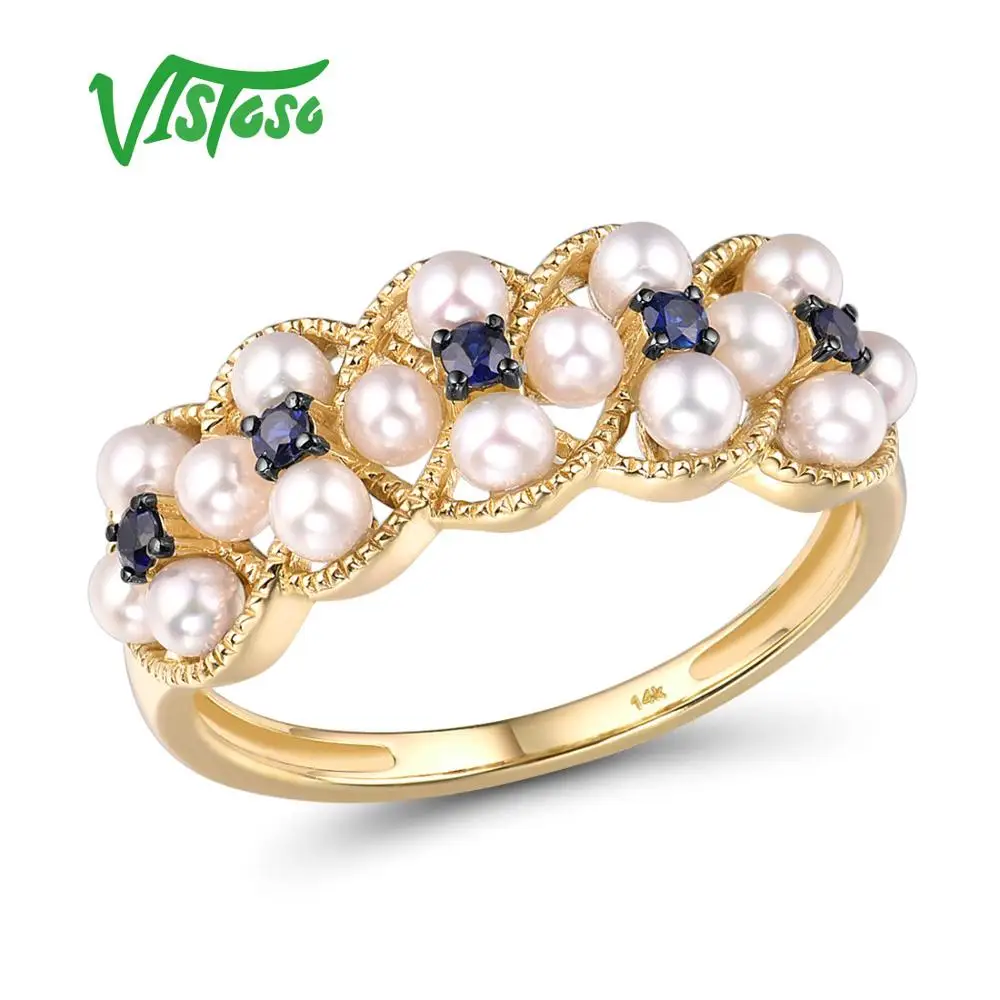 VISTOSO Gold Rings For Women Genuine 14K 585 Yellow Gold Ring Natural Blue Sapphire Fresh Water Pearl Luxury Trendy Fine Jewelry