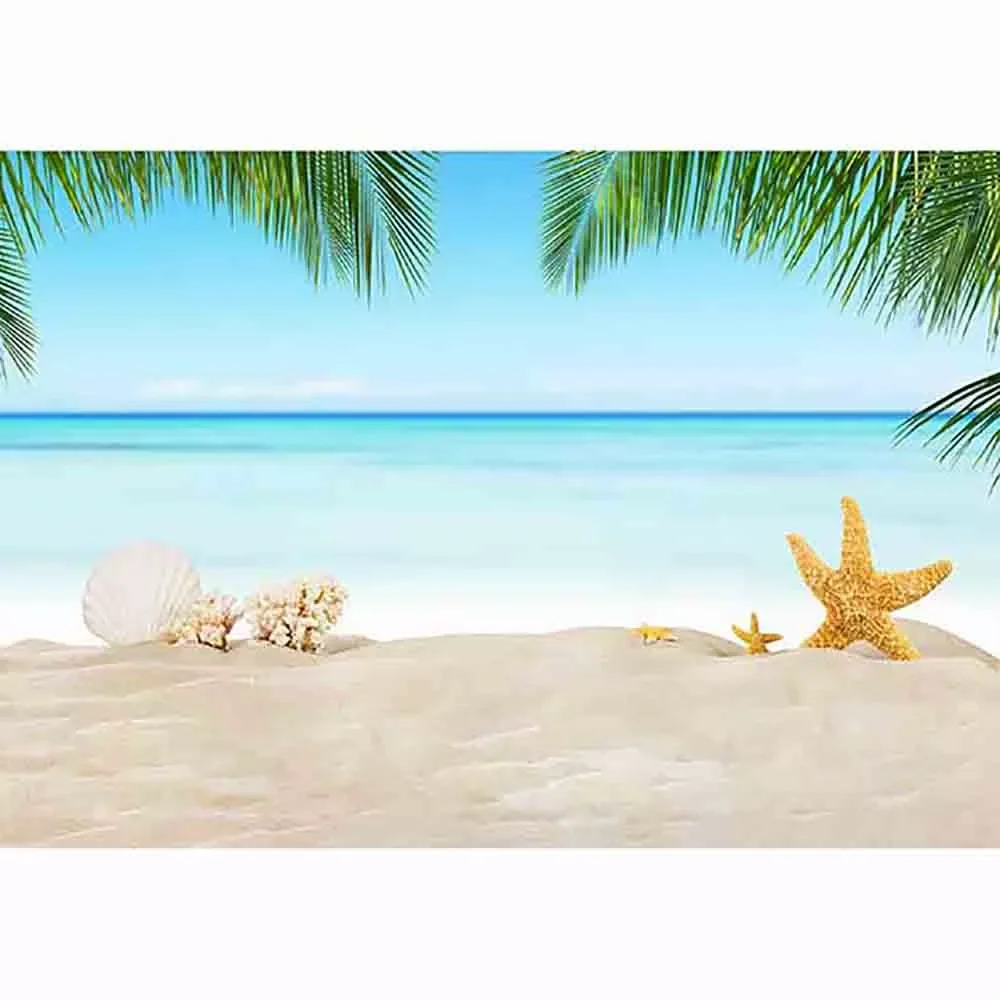 Funnytree Summer Tropical Sea Beach Sand Starfish Shell Coral Palms Tree Photography Backdrop Child Holiday Aquarium Background