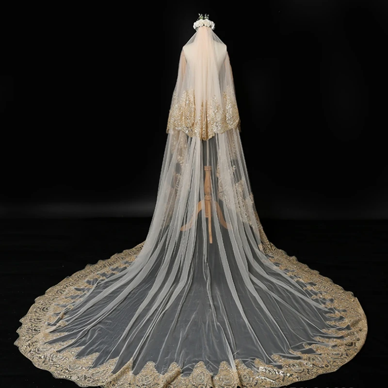 

New Arrival Champagne Lace Wedding veil Bride wedding accessoires mariage Weddings Bridal veil Boda velos de novia