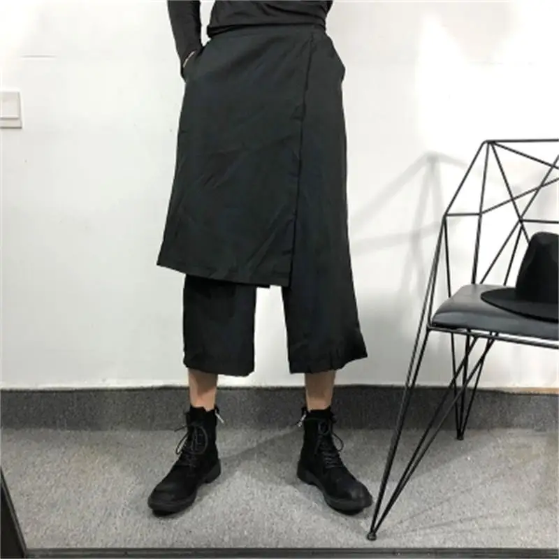 Men's Casual Pants Spring And Autumn New Pure Color Elastic Waist Apron Type False Two Pieces Of Patchwork Loose Trouser Skirt