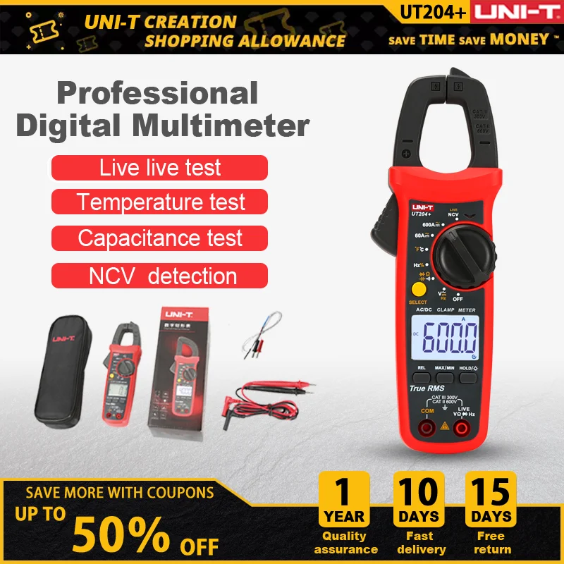 UNI T UNI-T UT202A+  UT204+ Digital AC DC Current Clamp Meter Multimeter True RMS 400-600A Auto Range Voltmeter Resistance Test