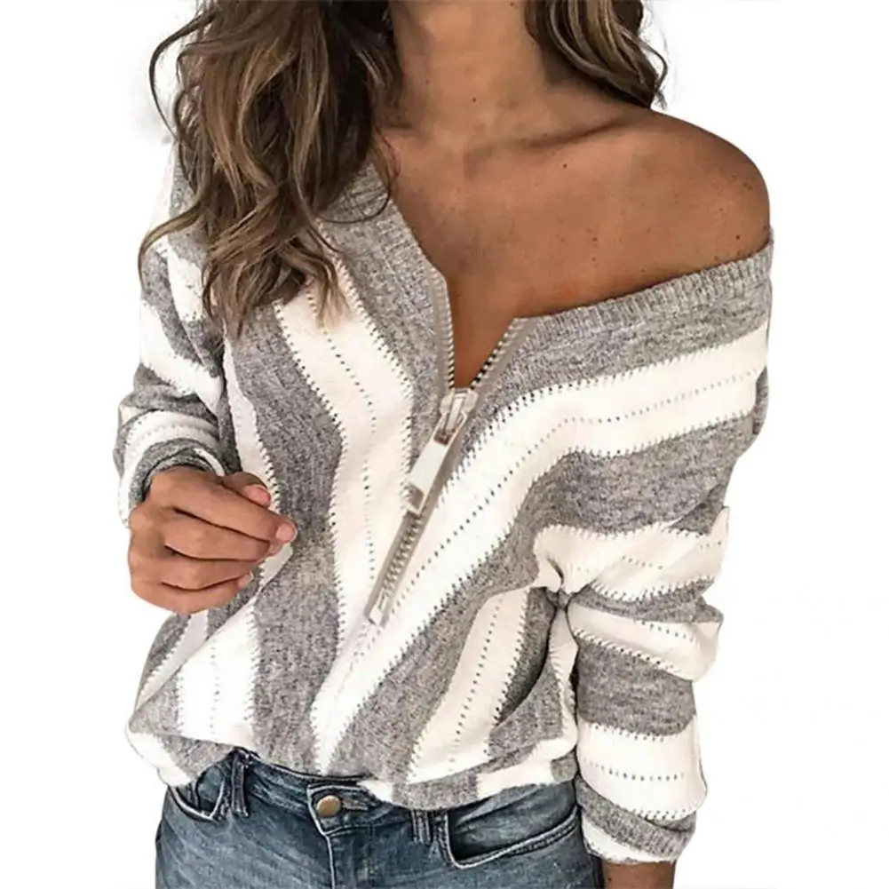 

Stripped Print Zipper Neck Knitted Sweater Long Sleeve Loose Fit V-Neck Women Knitwear Ladies Clothing