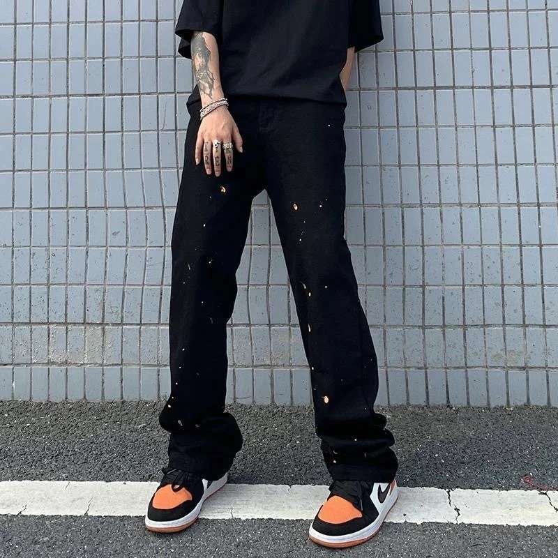 ICCLEK Spring and Autumn High Street Jeans Splashed Ink Jeans Men's Straight Pants Loose Casual Pants Men Fashion  Punk Pants