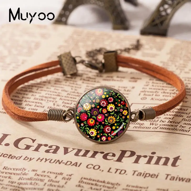 2019 New Polish Folk Art Patterns Leather Bracelet Flowers Painting Bracelets Glass Dome Cabochon Jewelry