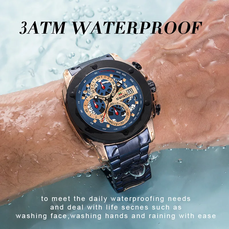 Triple dials watch for couple quartz wristwatch waterproof multifunctional steel band watches