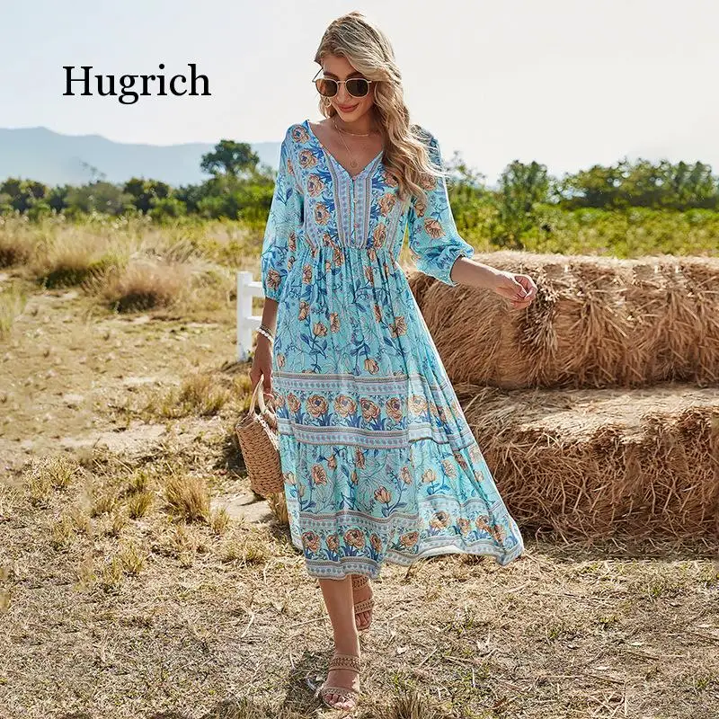 2021 Spring Summer New Women's V-Neck High Waist Bohemian Dress Mid Length A-Line Beach Street Causal Wear Dresses