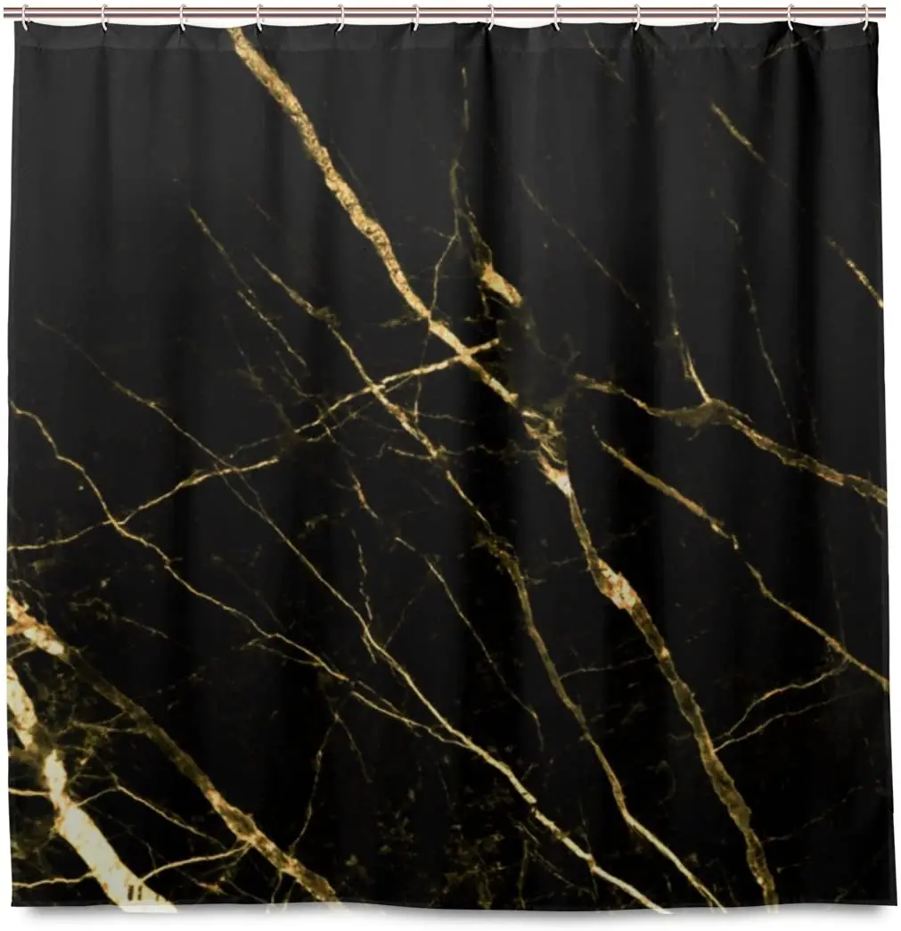 Black Gold Marble Shower Curtain Waterproof Polyester Bath Curtian with Hooks