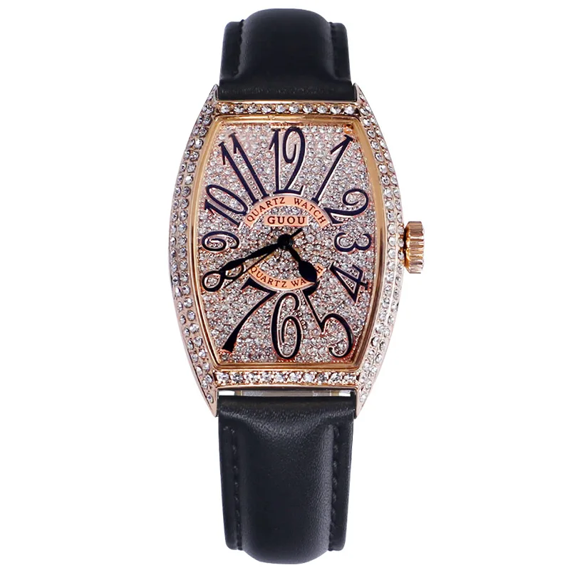 Tonneau Shaped Digital Diamond Dial Watch for Ladies Genuine Leather Strap Waterproof Quartz Wrist Watch for Wife Christmas Gift