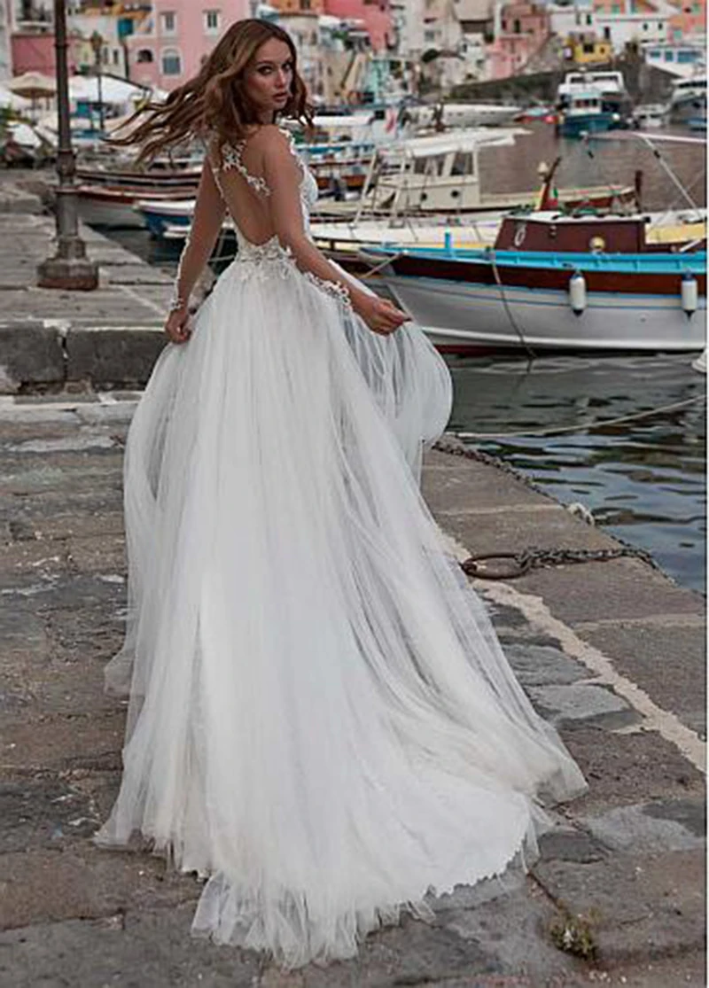 Cheap Sexy Side Split Beach Wedding Dress Boho A-Line Bridal Dress Long Sleeves Backless Bohemian Bridal Gown vestido Customized