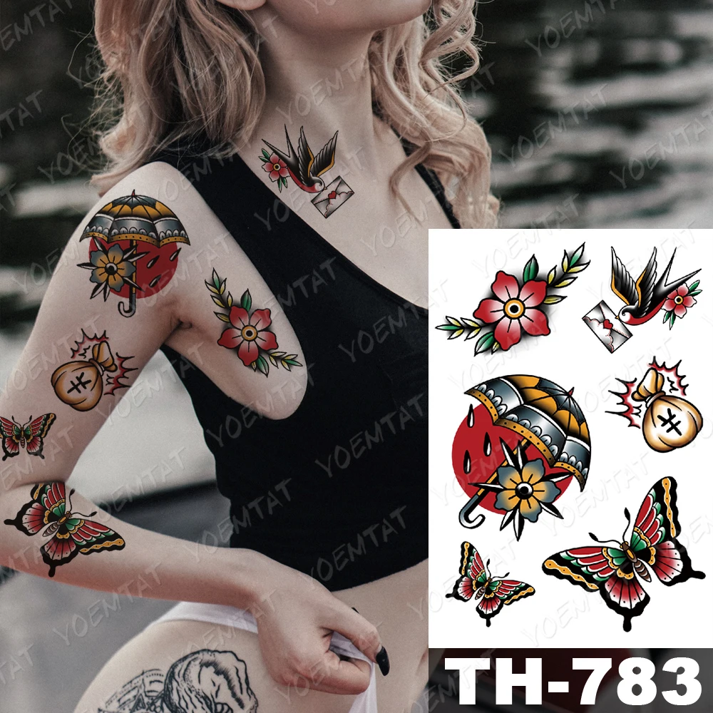 Waterproof Temporary Tattoo Sticker Old School Butterfly Swallow Flash Tattoos Rose Sword Body Art Arm Fake Tatoo Women Men