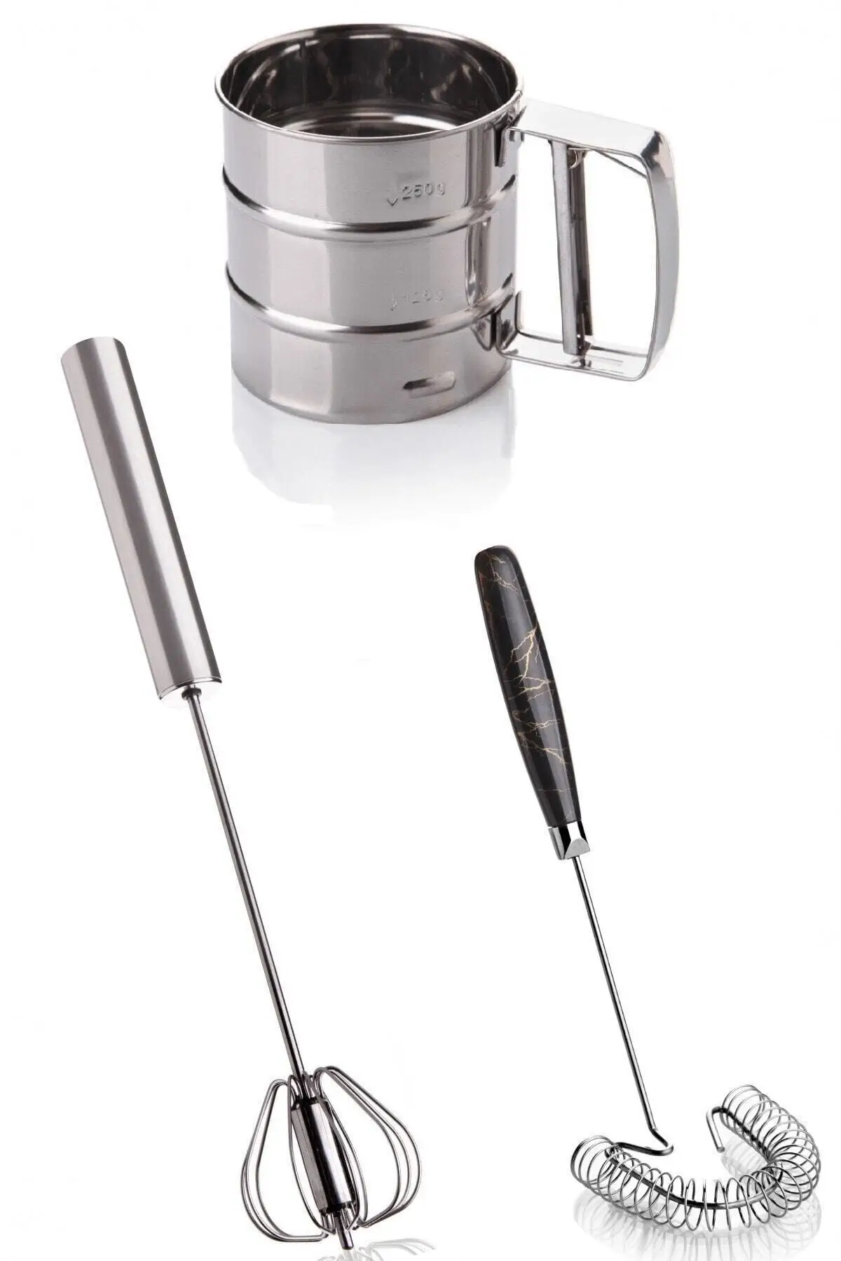 Steel 3 Piece Lux Kitchen Set Beater, Flour Sieve, Egg Beater 23cm