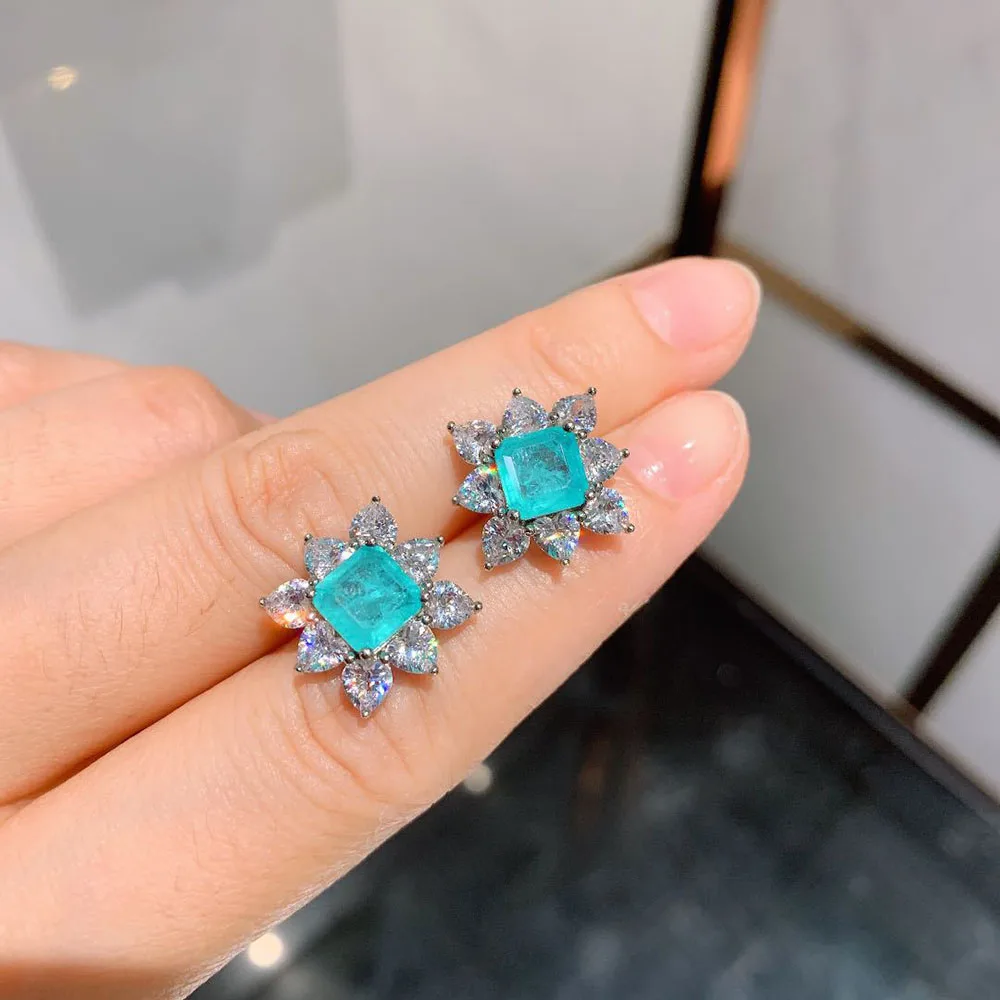 Vintage 7*7MM Paraiba Tourmaline Gemstone Lab Diamond Stud Earrings Gift Fine Jewelry for Women Accessories Statement Wholesale