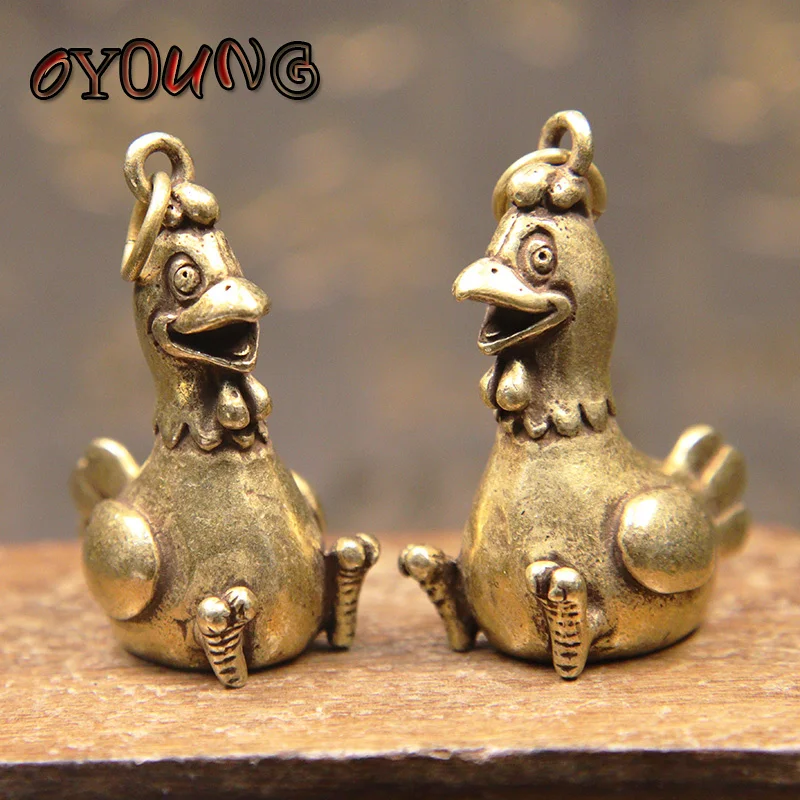 Antique Brass Cuckoo Chick Figures Keychain Pendant Charms Retro Metal Zodiac Animal Chicken Keyring Hanging Toy Bag Decoration