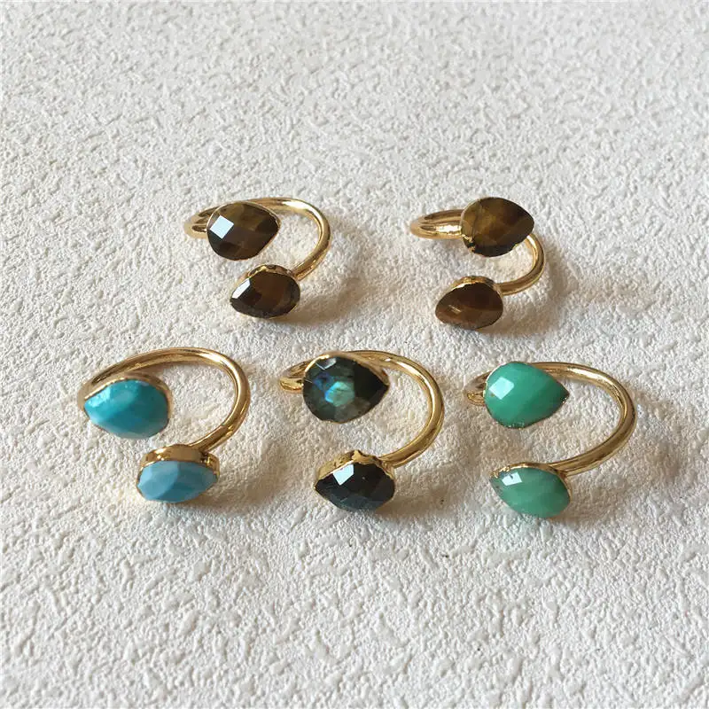 FUWO Amazing Design Double Teardrop Stone Rings Gold Color Plated Natural Crystal Quartz Ring Jewelry Wholesale 5 pieces RG035