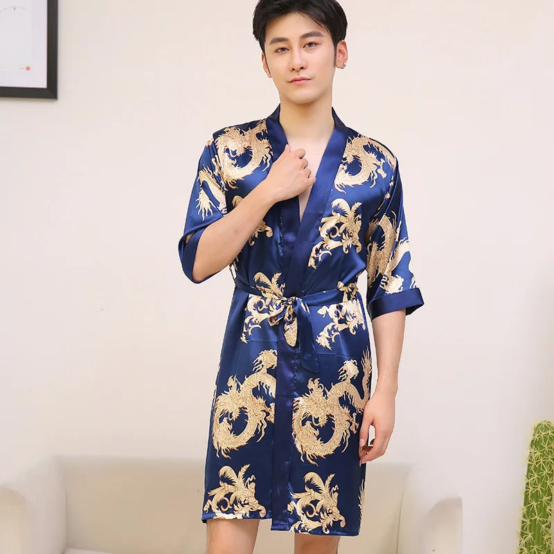 Men Print Dragon Kimono Robe Sexy Cardigan Rayon Bathrobe Bridegroom Dressing Gown Lounge Summer Sleepwear Nightgown Home Wear