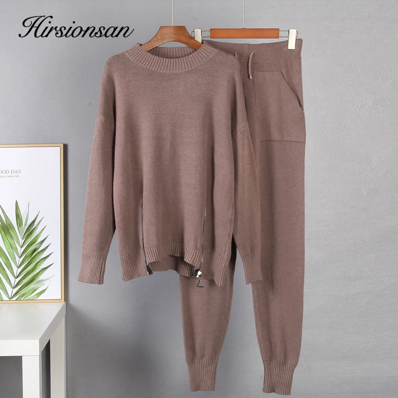 Hirsionsan Elegant Cashmere Knitted Sets Women 2023 Winter Warm Basicl Two Pieces Loose Sweater and Harem Pants Female Tracksuit