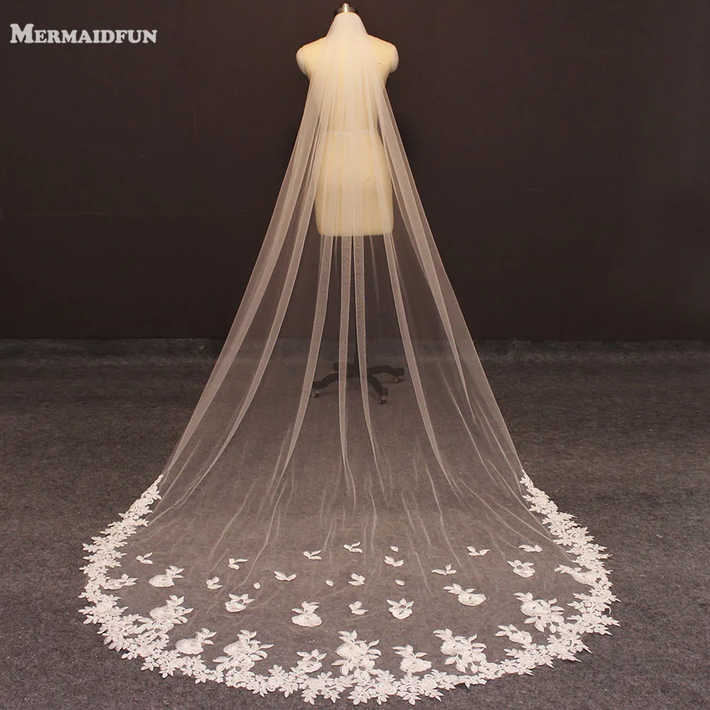 Elegant Lace Appliques Bridal Veil Soft Tulle Long Wedding Veil with Comb 3 Meters Veil Voile Mariage Wedding Accessories